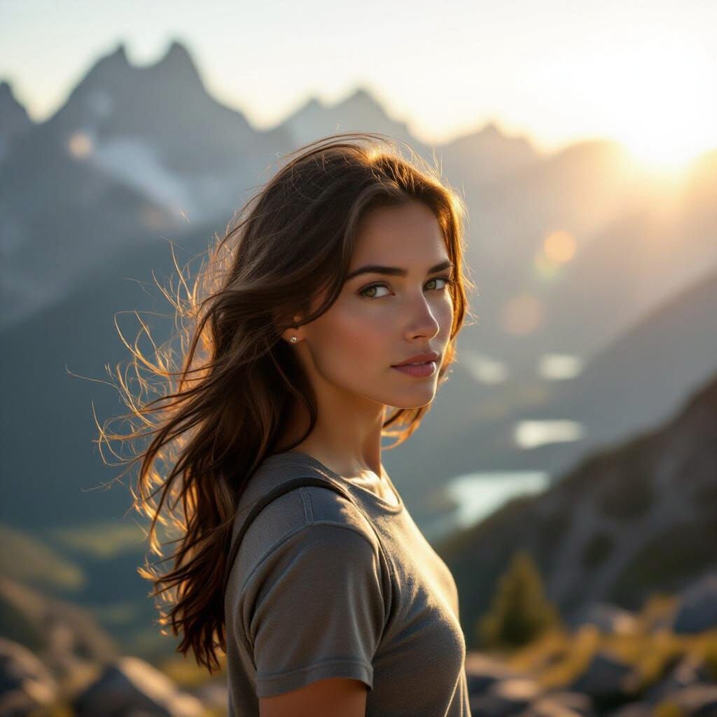 Woman on Mountain Peak Gazing at Sunlit Valley