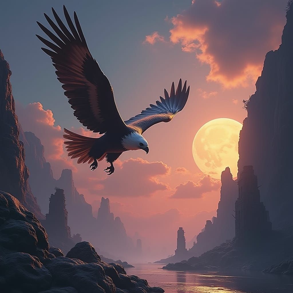 Eagle Soaring Under Therian Moon Matte Painting