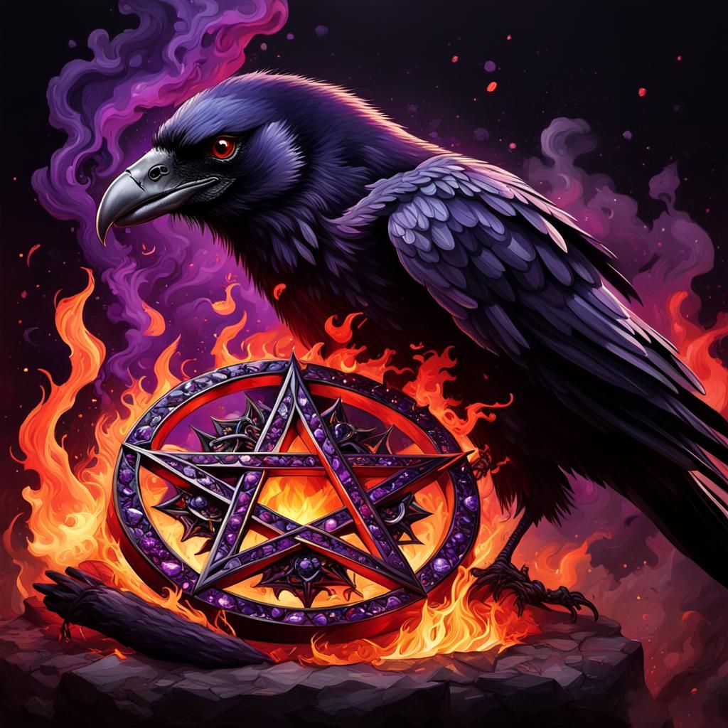 Burning Pentagram with Raven in Splash Art Style