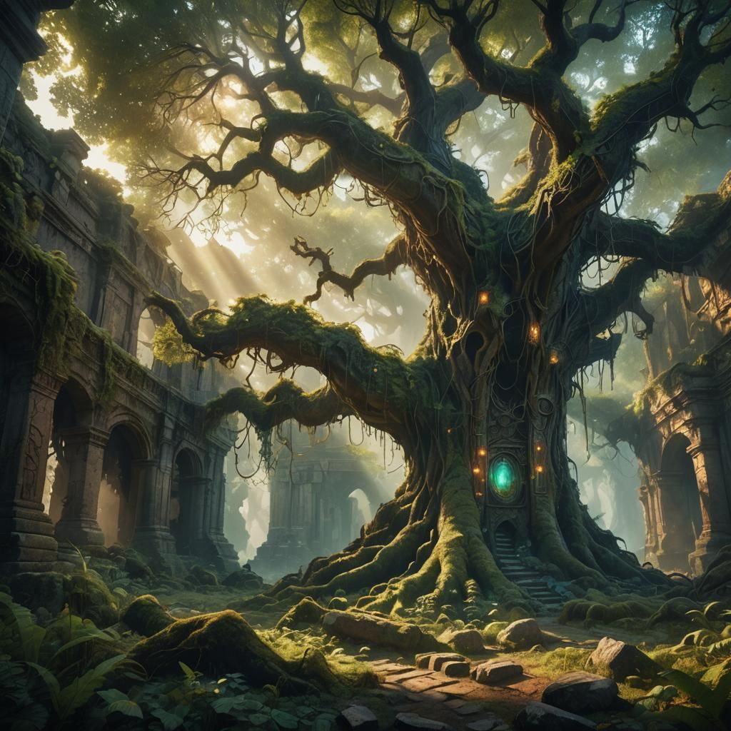 Mystical Forest Ancient Tree Ruins Matte Painting