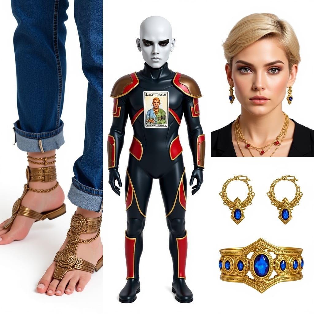 Split-Panel Character Concept with Jewelry and Armor