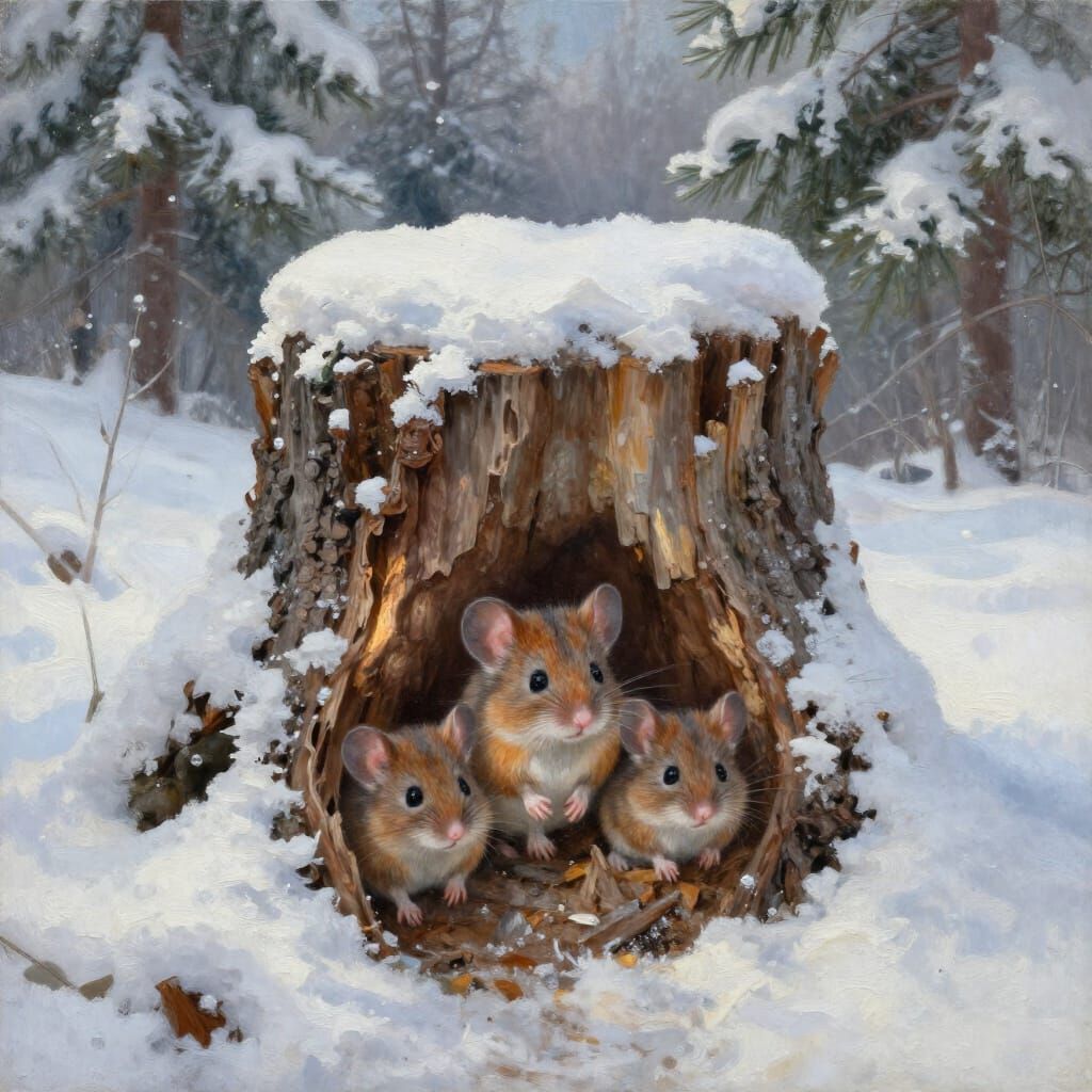 Dormice Family Emerges From Snowy Tree Stump