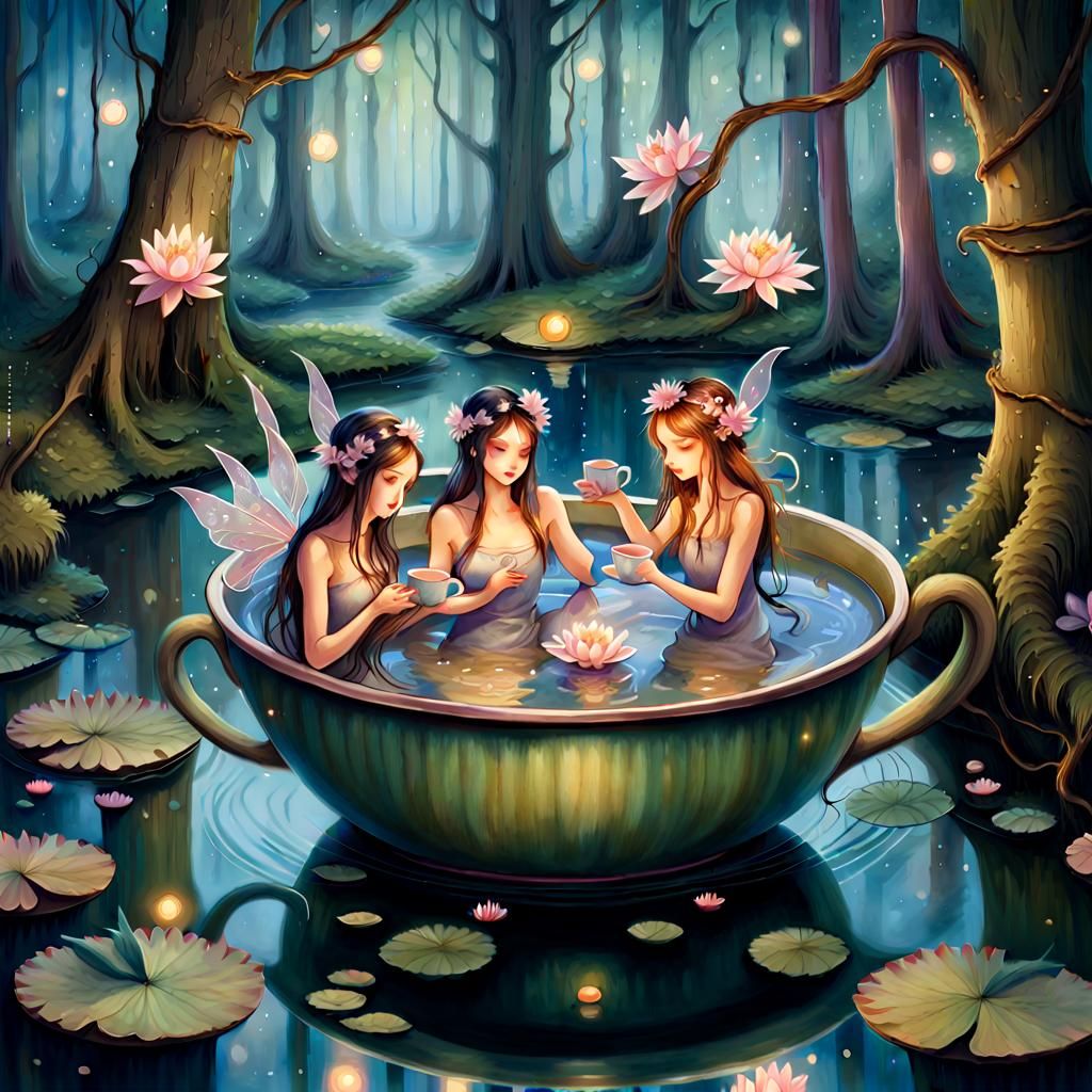 Fairies Lounging in Teacup Hot Tubs: Whimsical Illustration