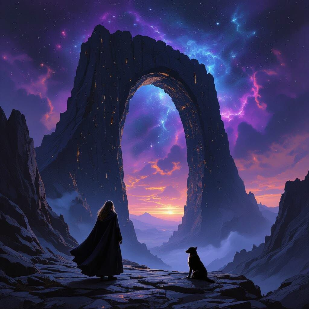 Woman and Dog at Bioluminescent Archway in Obsidian Mountain
