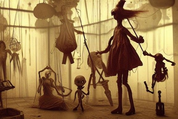 Creepy Marionettes in Shop: Spooky Photorealistic Render