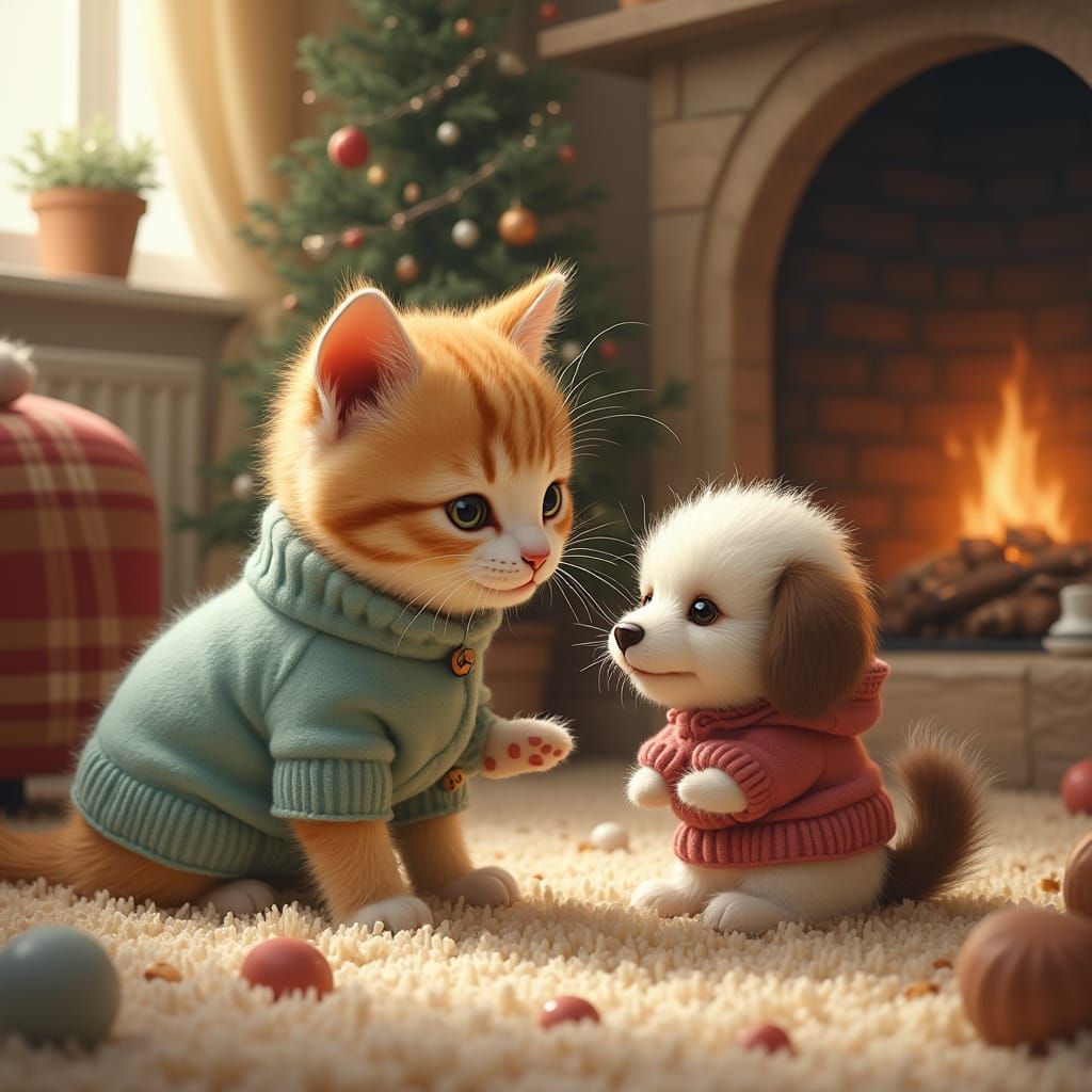 Adorable Kitten and Dog Playing in Plush Room