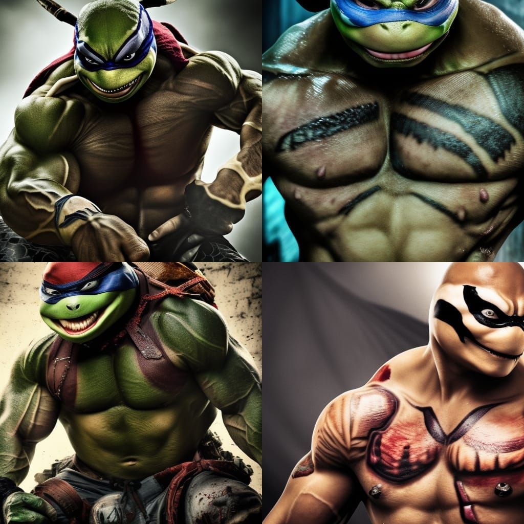 Teenage mutant ninja turtles, muscular, bloodied, tattoos, venom style, intricate details, HDR, beautifully shot, hyperr...
