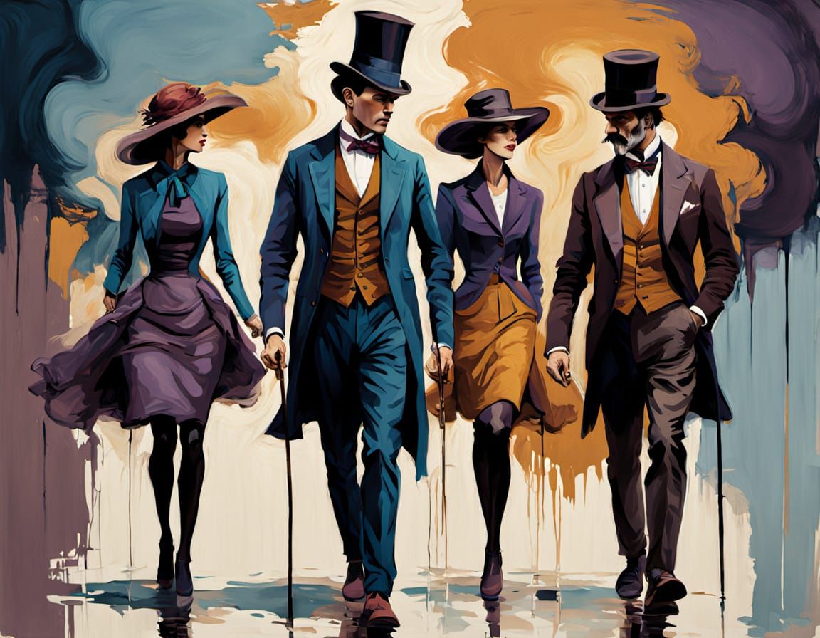 Earthy Tones Painting of Man with Women in Belle Époque Styl...