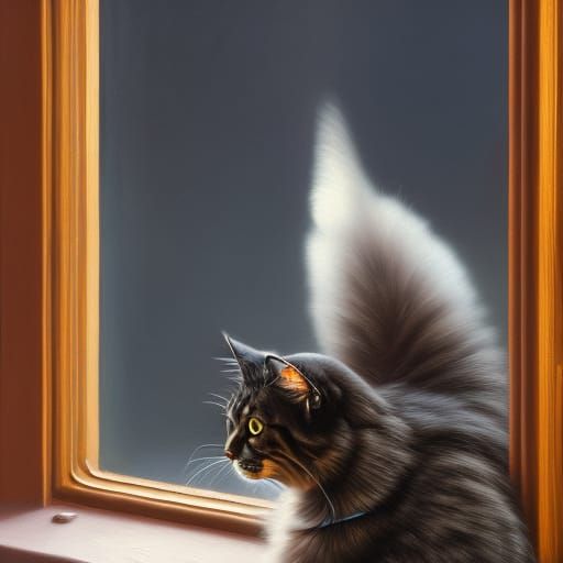 Woman with Cat by Gothic Window, Oil Painting