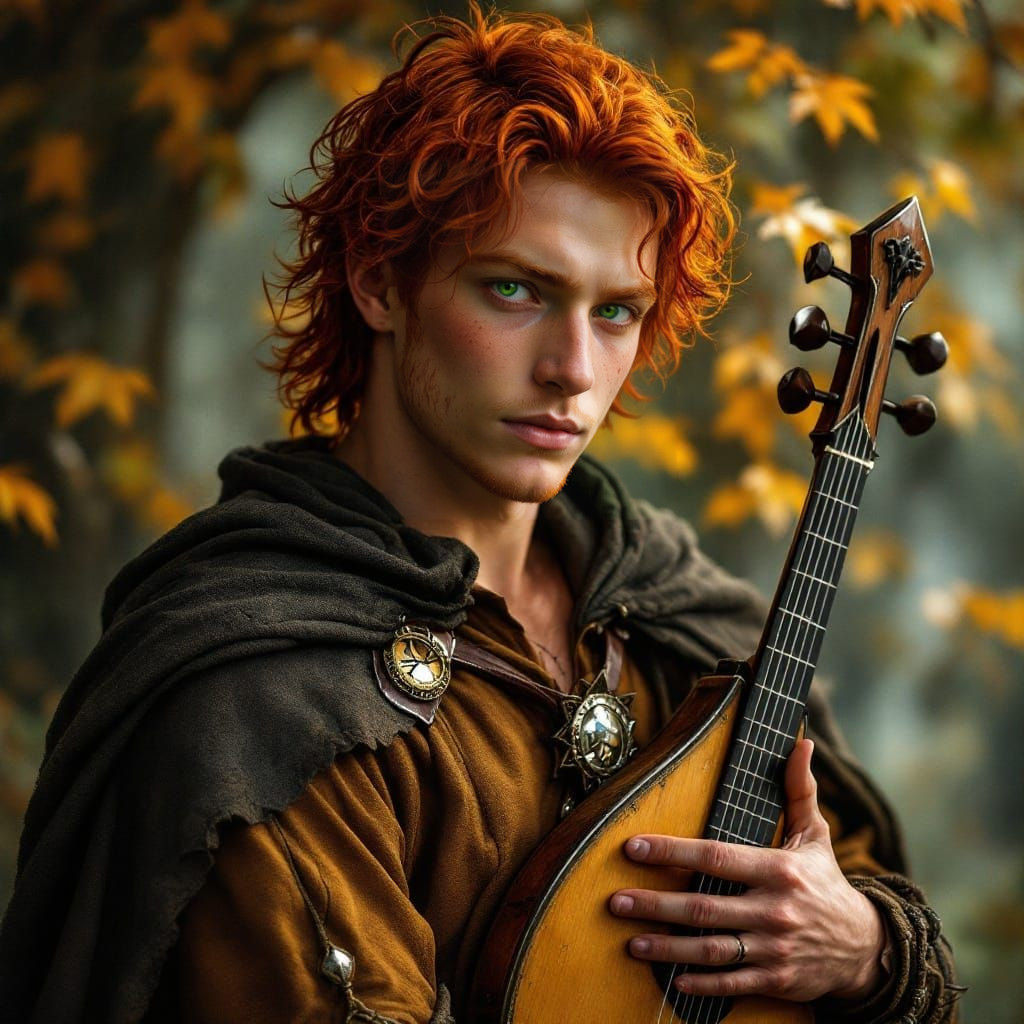 Red-Haired Warrior Musician in Mystical Landscape