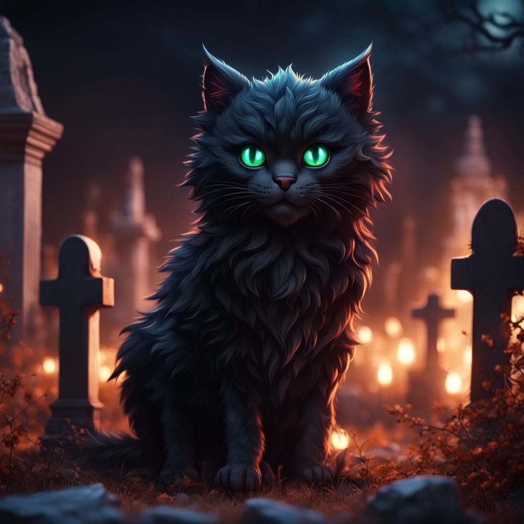 Glowing Black Cat in Cemetery: Fantasy Concept Art