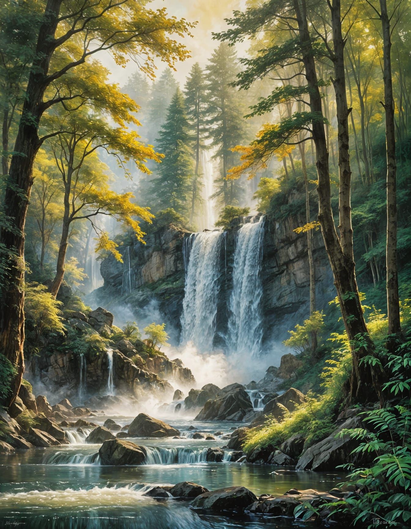 Fading Waterfall Memory in Romantic Watercolor Style