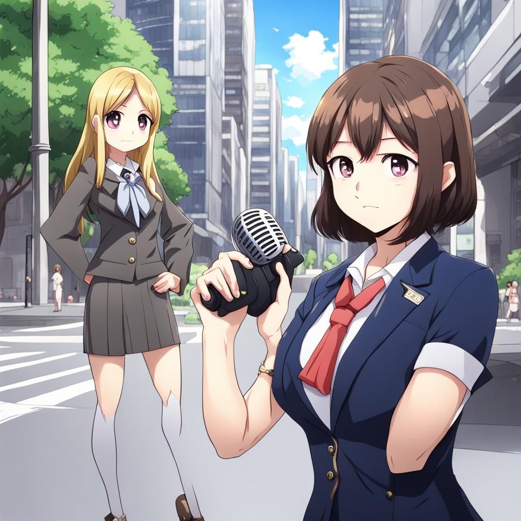 Anime-Style News Reporter Interviews Girl Mayor