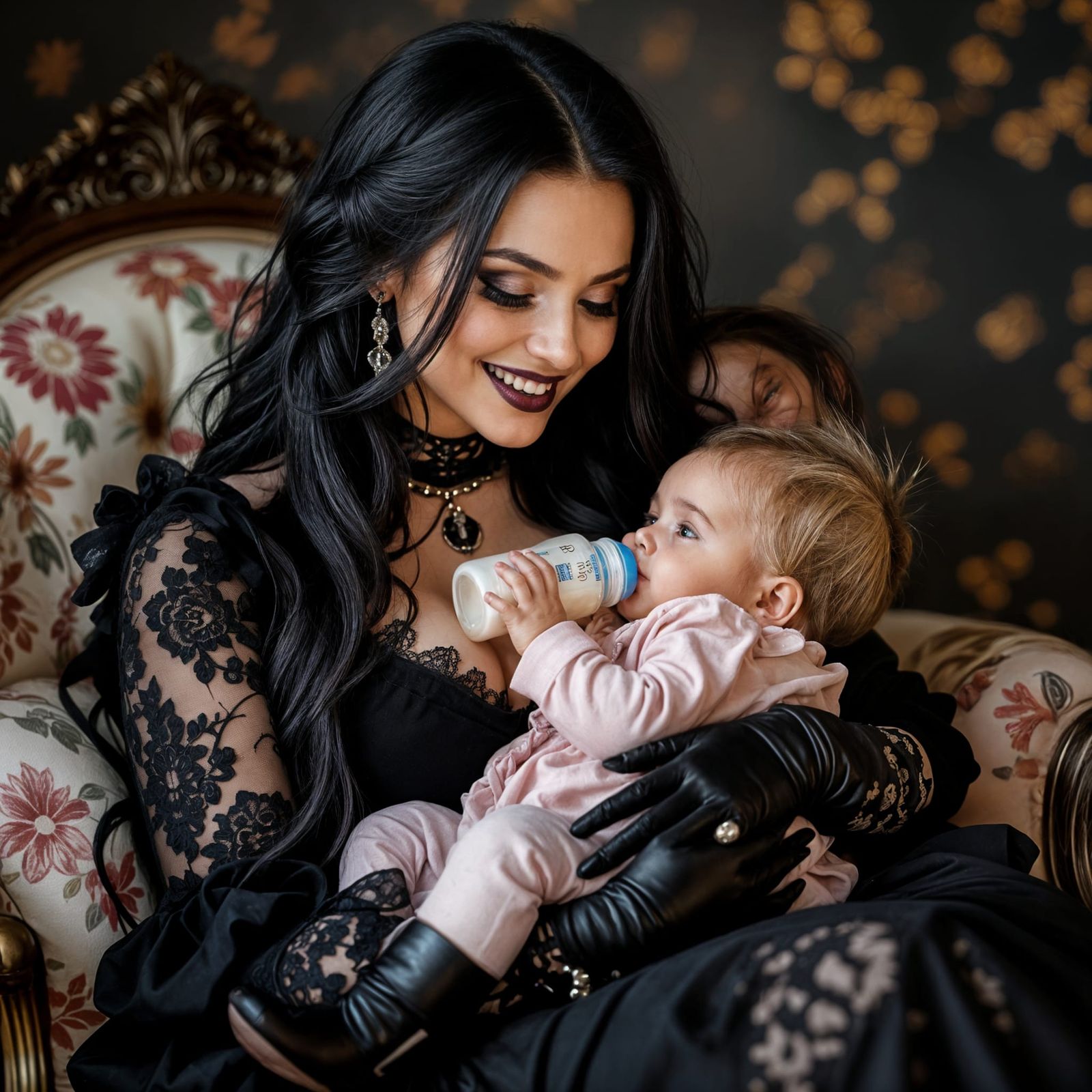 Goth Woman Cradles Baby in Atmospheric Portrait