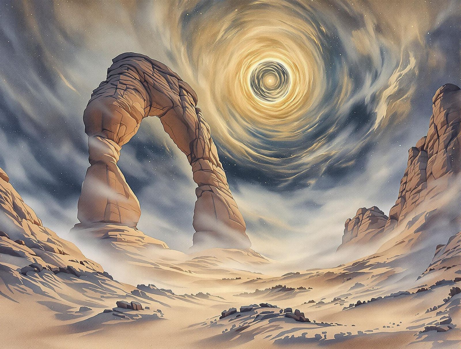 Mystical Desert Realm in Luminous Watercolor