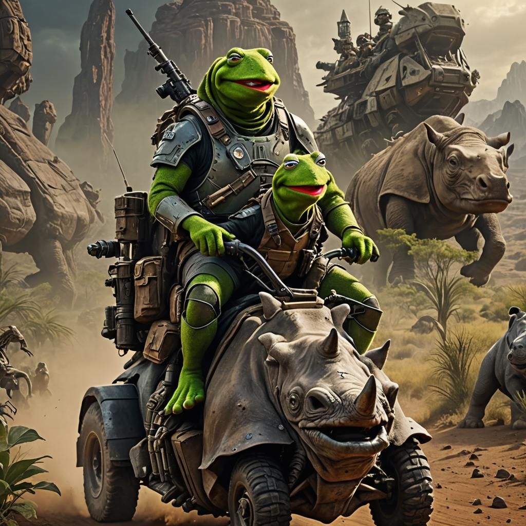 Realistic Kermit the frog as a bounty hunter riding on the back of a rhino