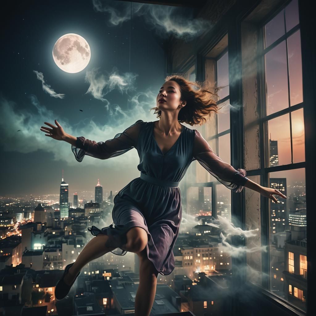 Surreal Woman Floating in Dreamlike Cityscape