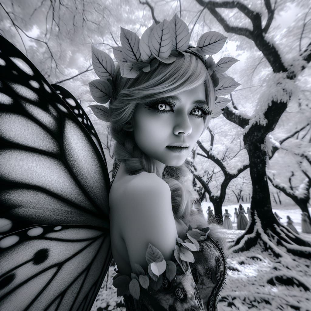 Enchanting Fairy Woman in Winter Landscape, Infrared Black a...