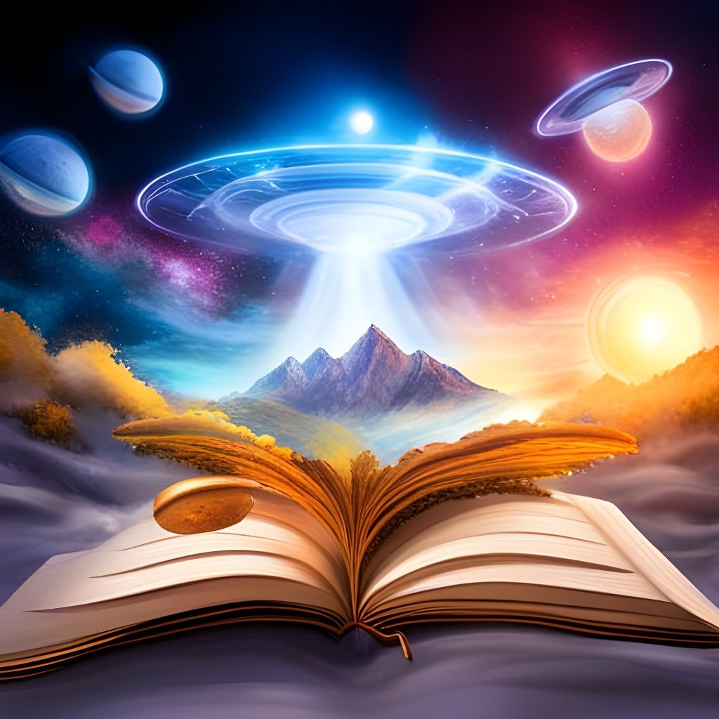 UFOs Emerge from Magic Book, Watercolor Art