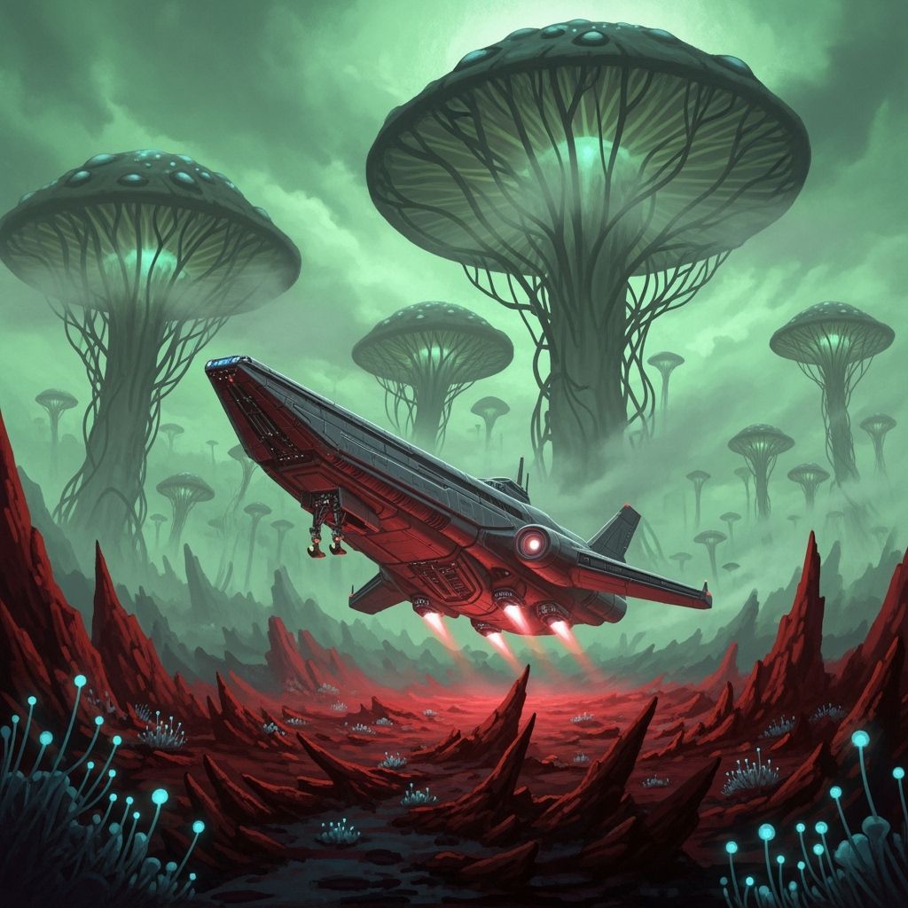 Starship Lands on Alien Planet of Giant Glowing Mushrooms