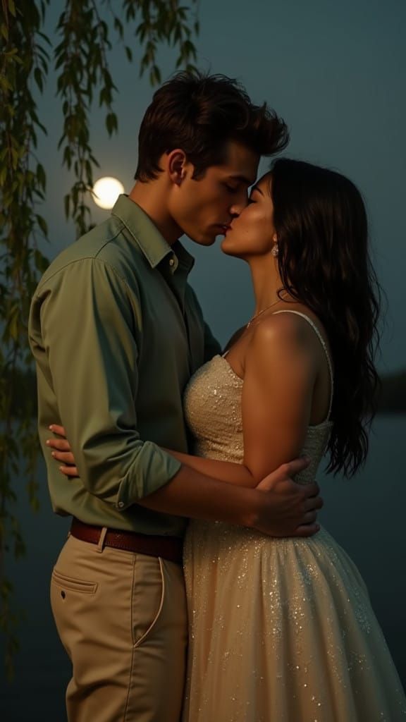 Secretly Romantic Couple Under the Moonlit Willow