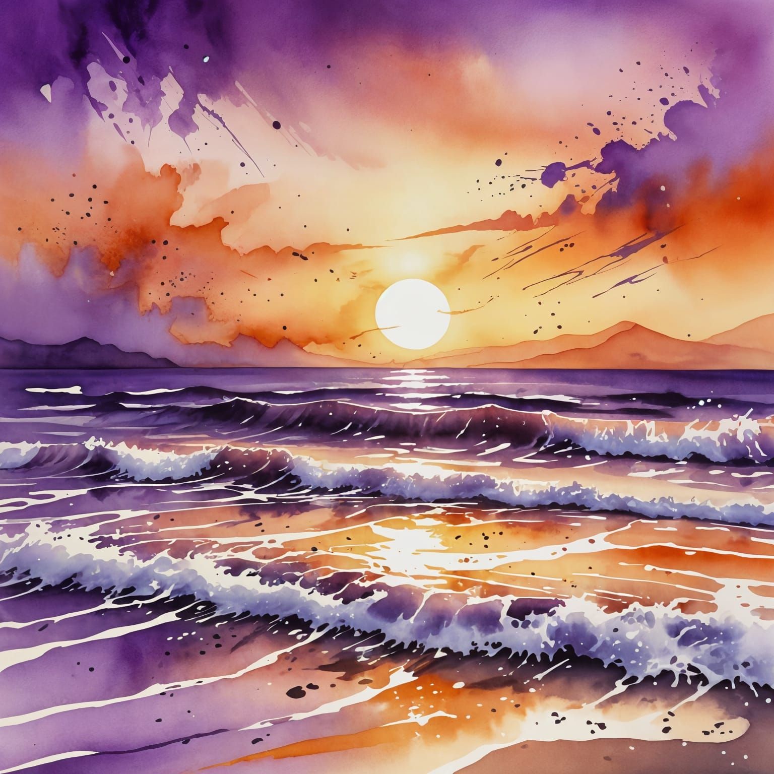 Watercolour Beach Scene at Sunset