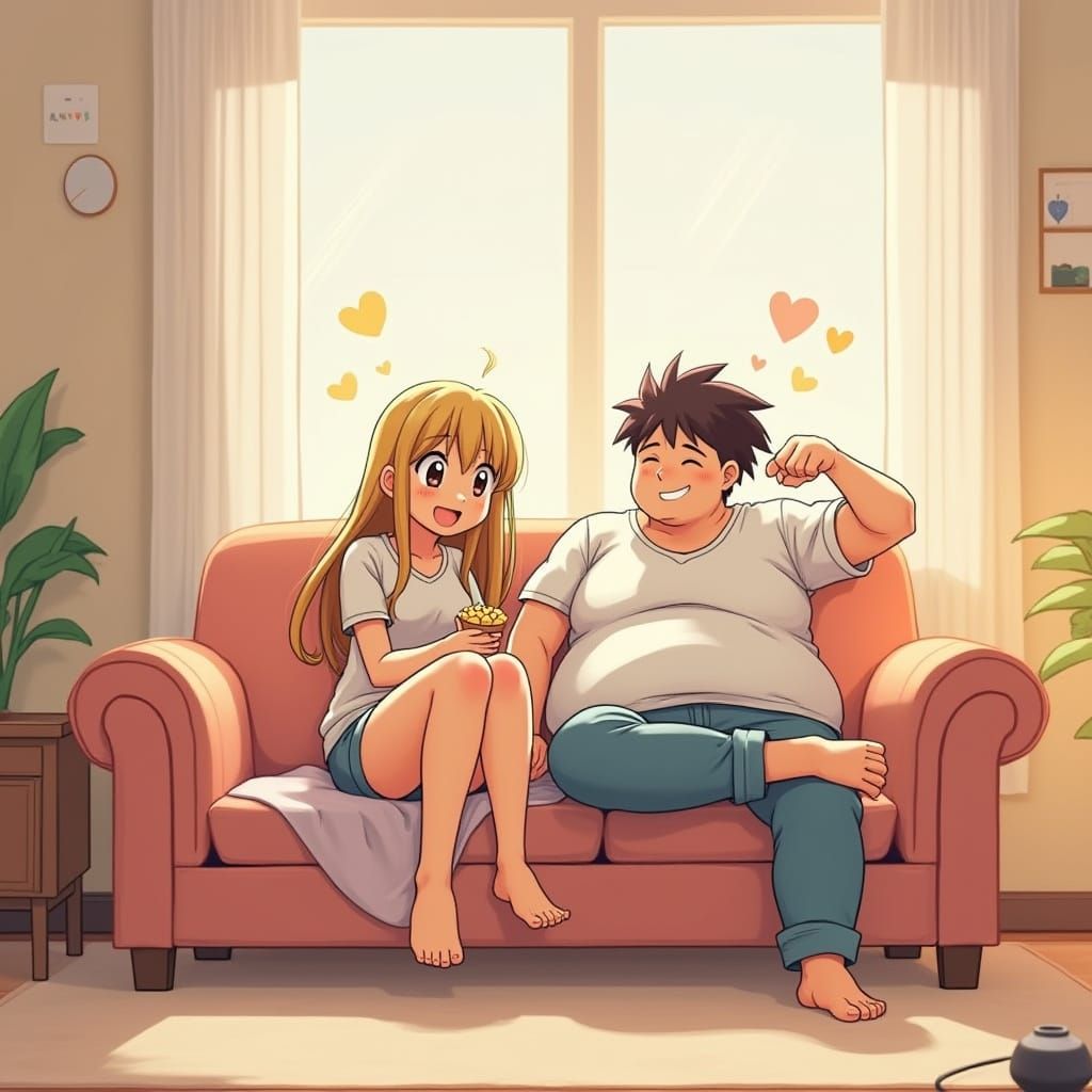 Wholesome Anime Couple Relaxing on Cozy Couch