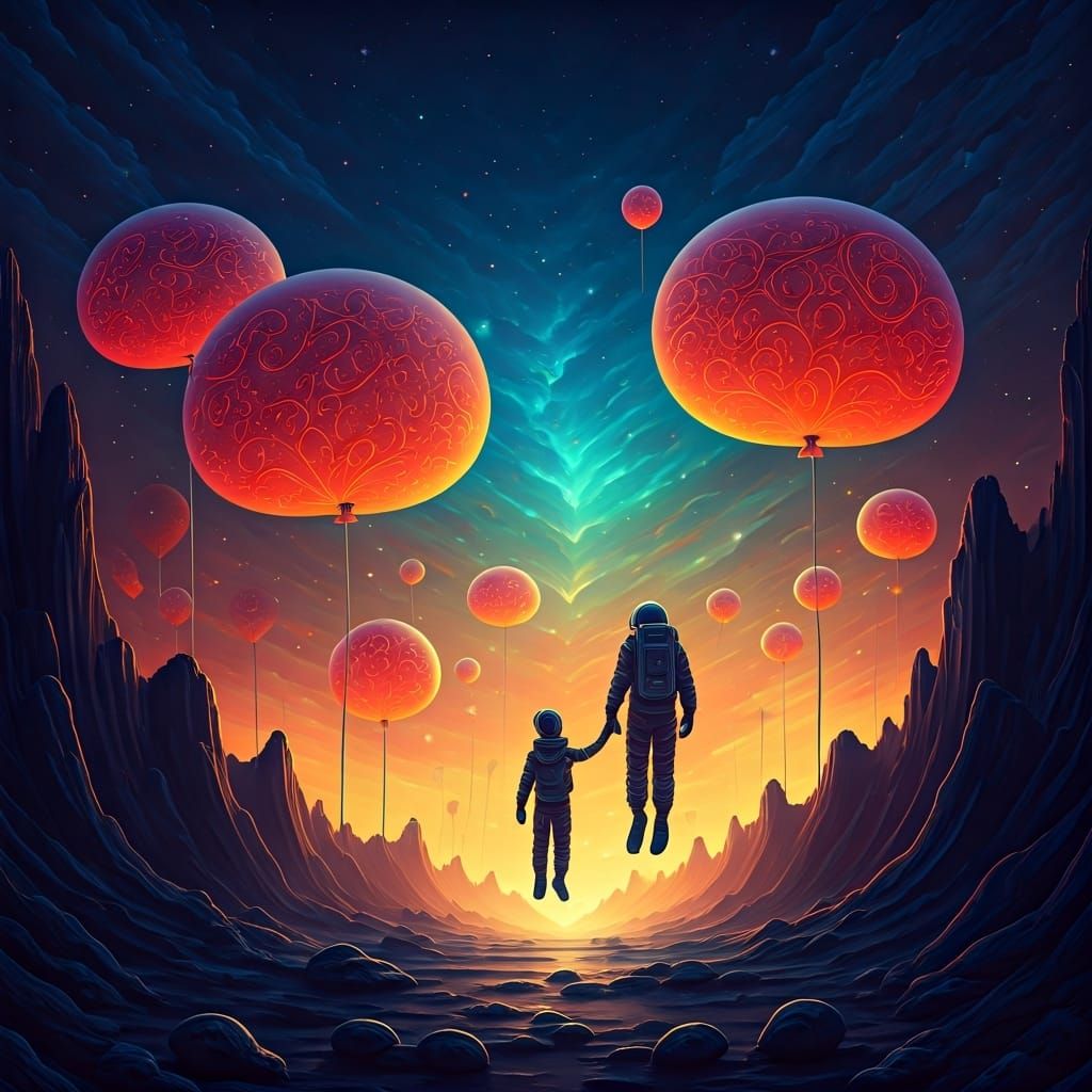 Whimsical Space Adventure with Glowing Balloons