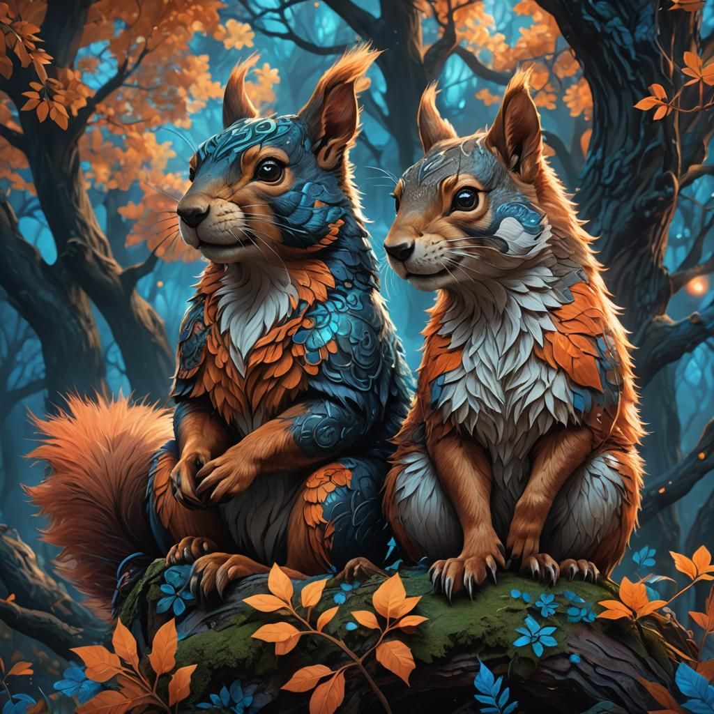 Squirrel and Wolf in Mystical Forest