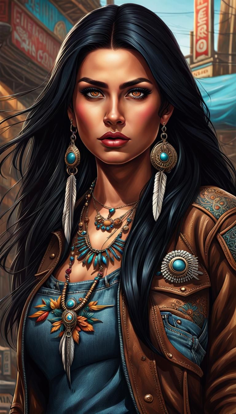 Native American Woman with Pistol on City Street