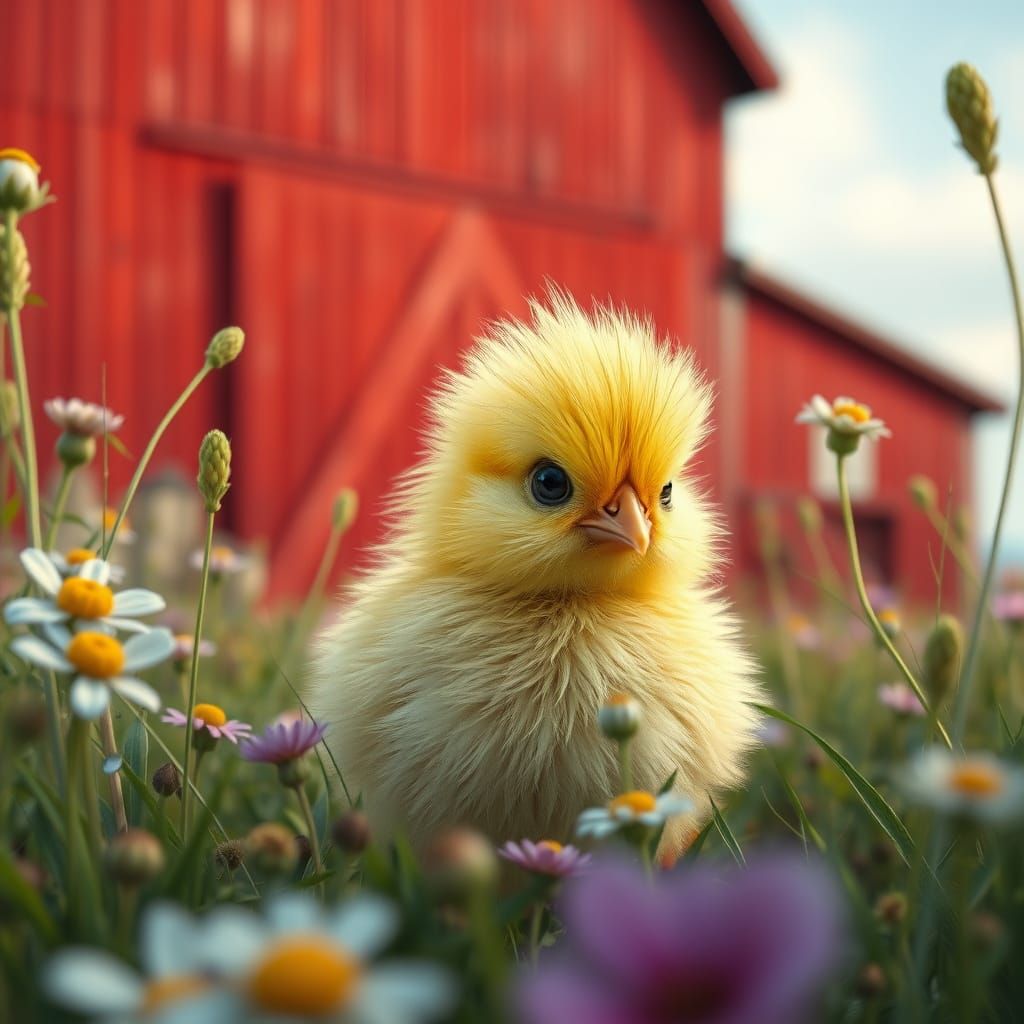 Cute Spring Chick Amidst Vibrant Wildflowers in a Rustic Bar...