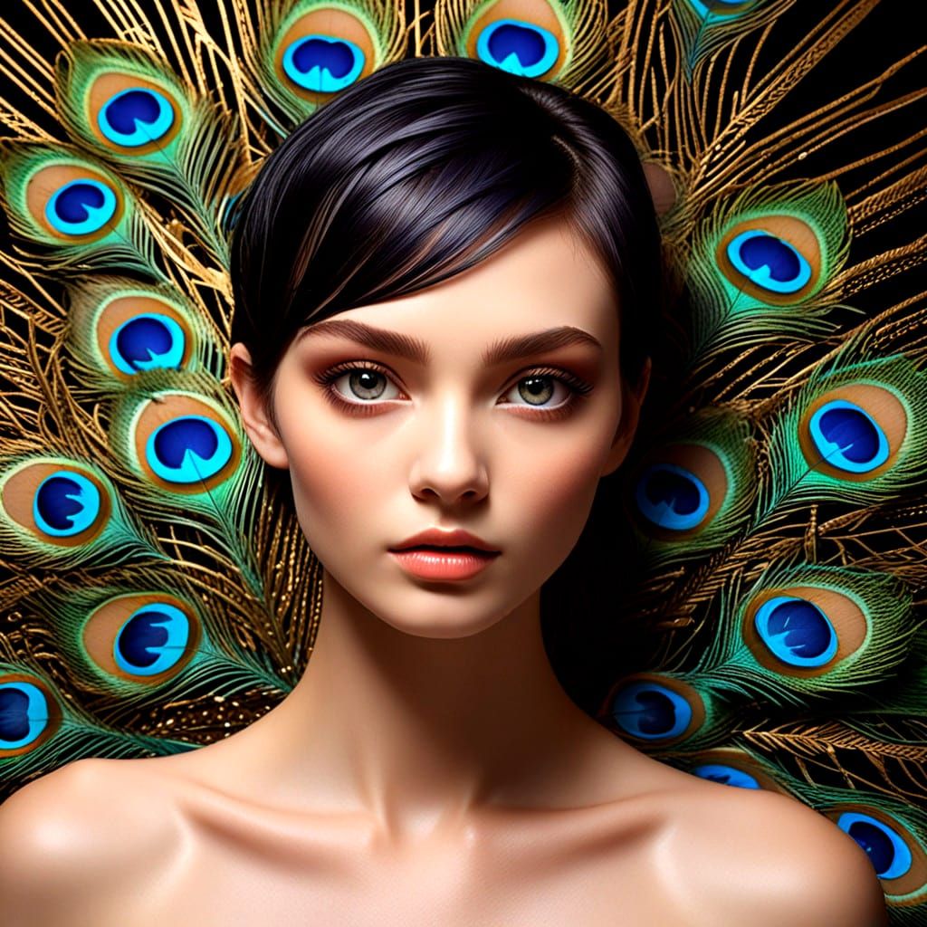 Vibrant Peahen in Peacock Feather Fan, Golden Background