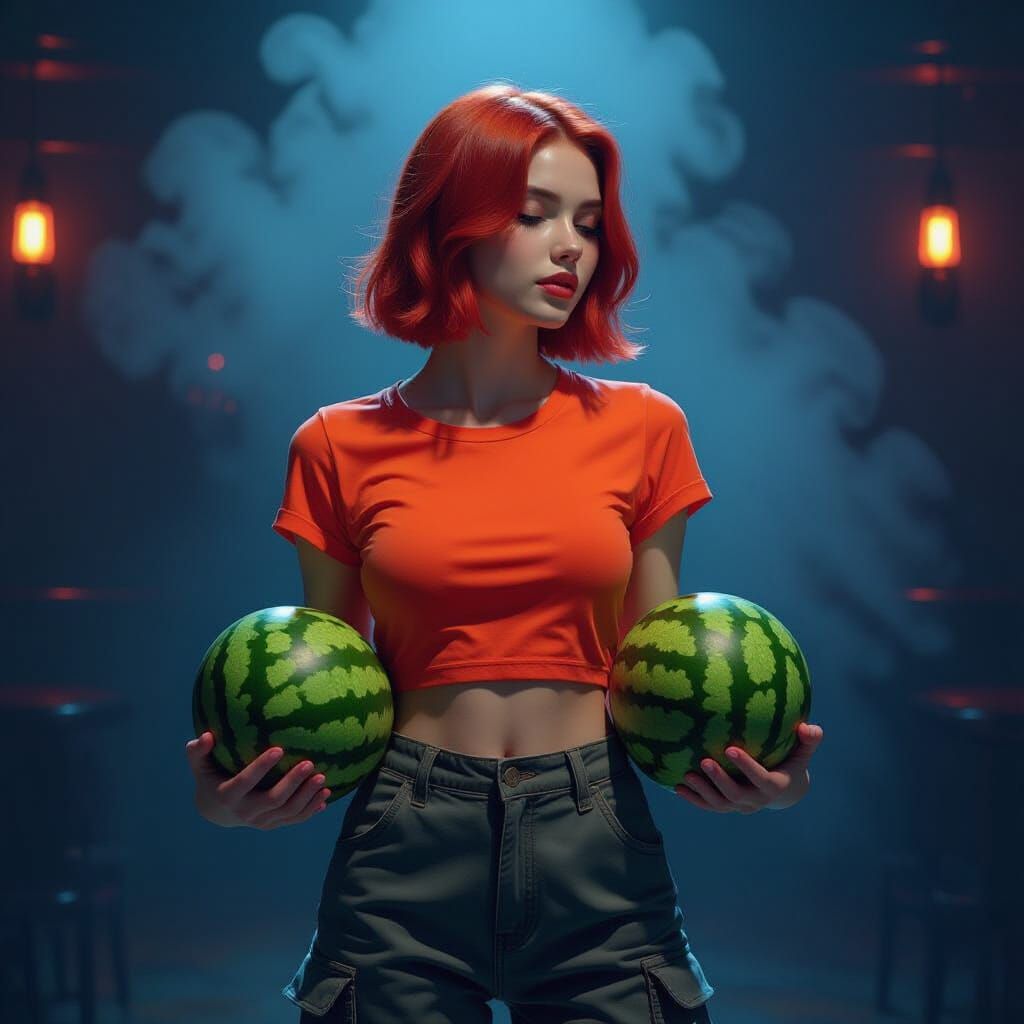 Vibrant Woman With Watermelons in Moody Club Lighting