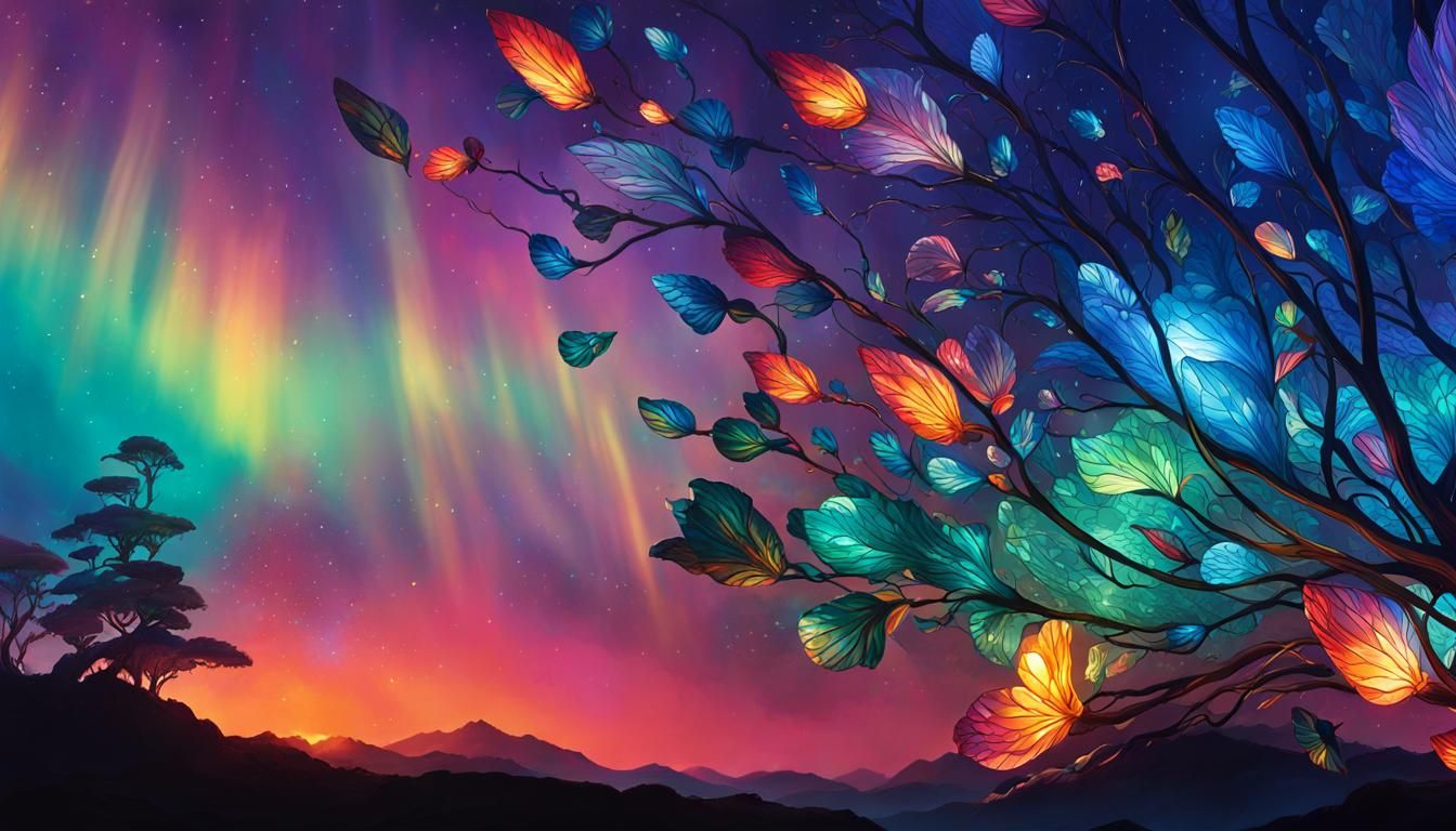 Bioluminescent Stained-Glass Celestial Scene in 8k