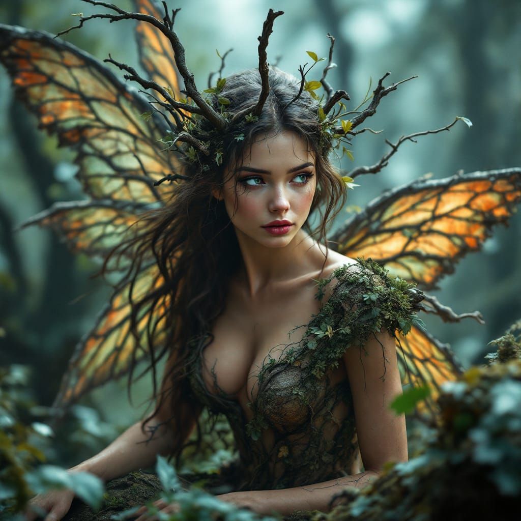 Fairy With Branch Wings in Cinematic Fantasy Style