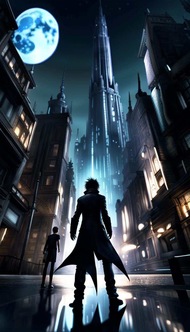 versus xiii, master of masters, standing on streets of Insomnia city, backwards body view, huge Gothic buildings, massiv...