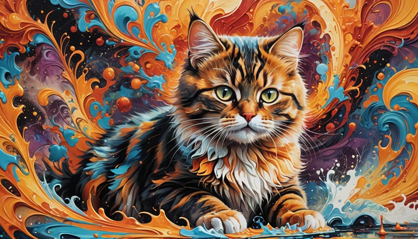 Fiery Aura Cat in Surrealist Graffiti Art