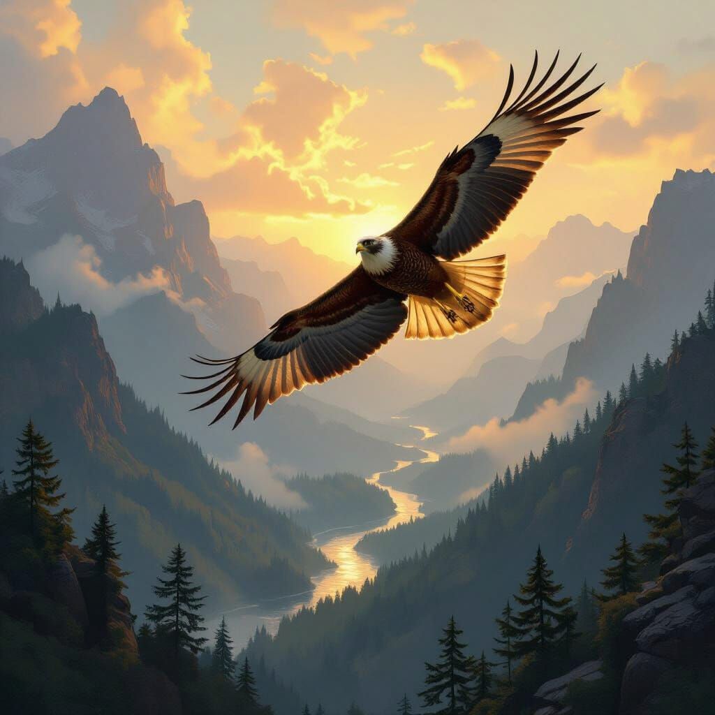 Hawk Soaring Over Misty Mountains at Dawn