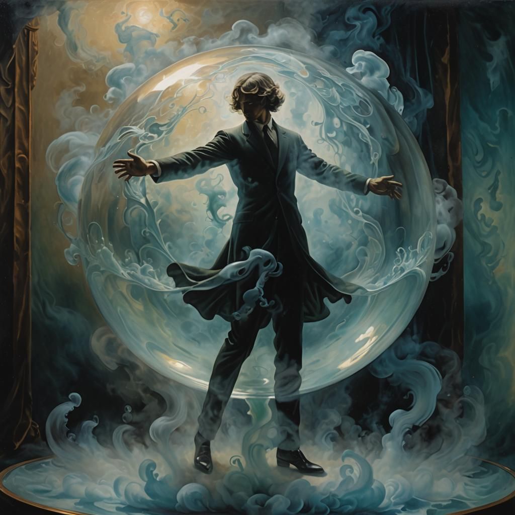 Ethereal Figure in Glass Sphere: A Surrealist Painting