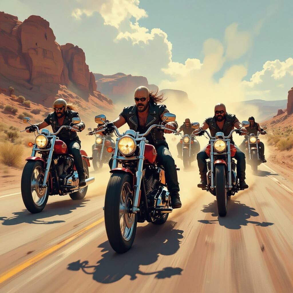 Menacing Motorcyclists Charge Down Dusty Highway