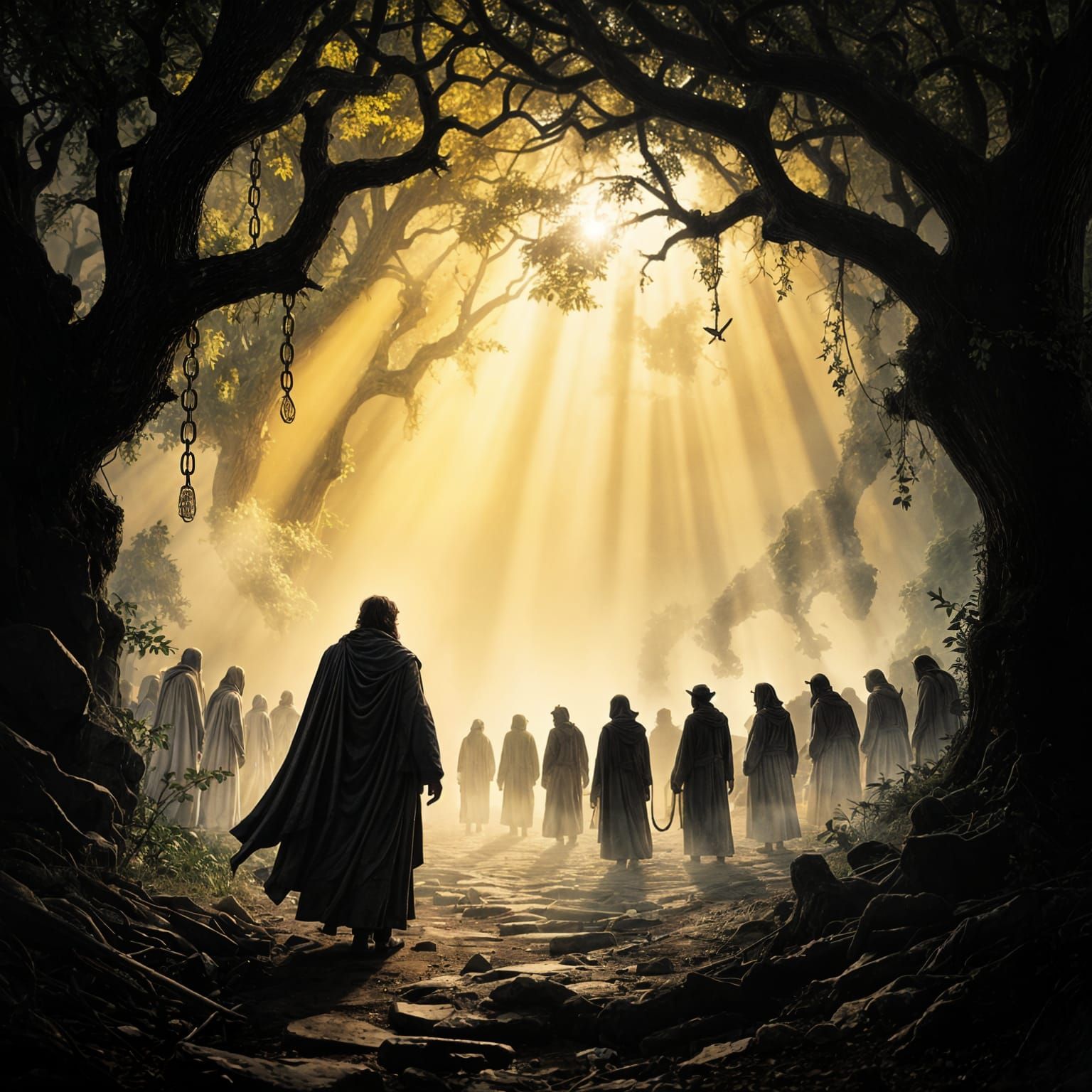 Figure Liberates Spectral Captives in Misty Forest