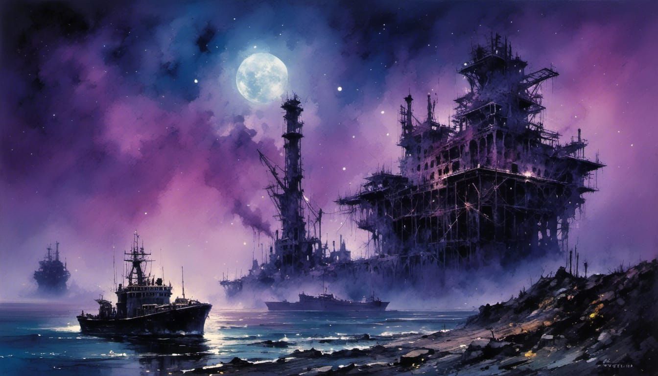 Hyperrealistic Ruins: Offshore Rig and Battleship at Night