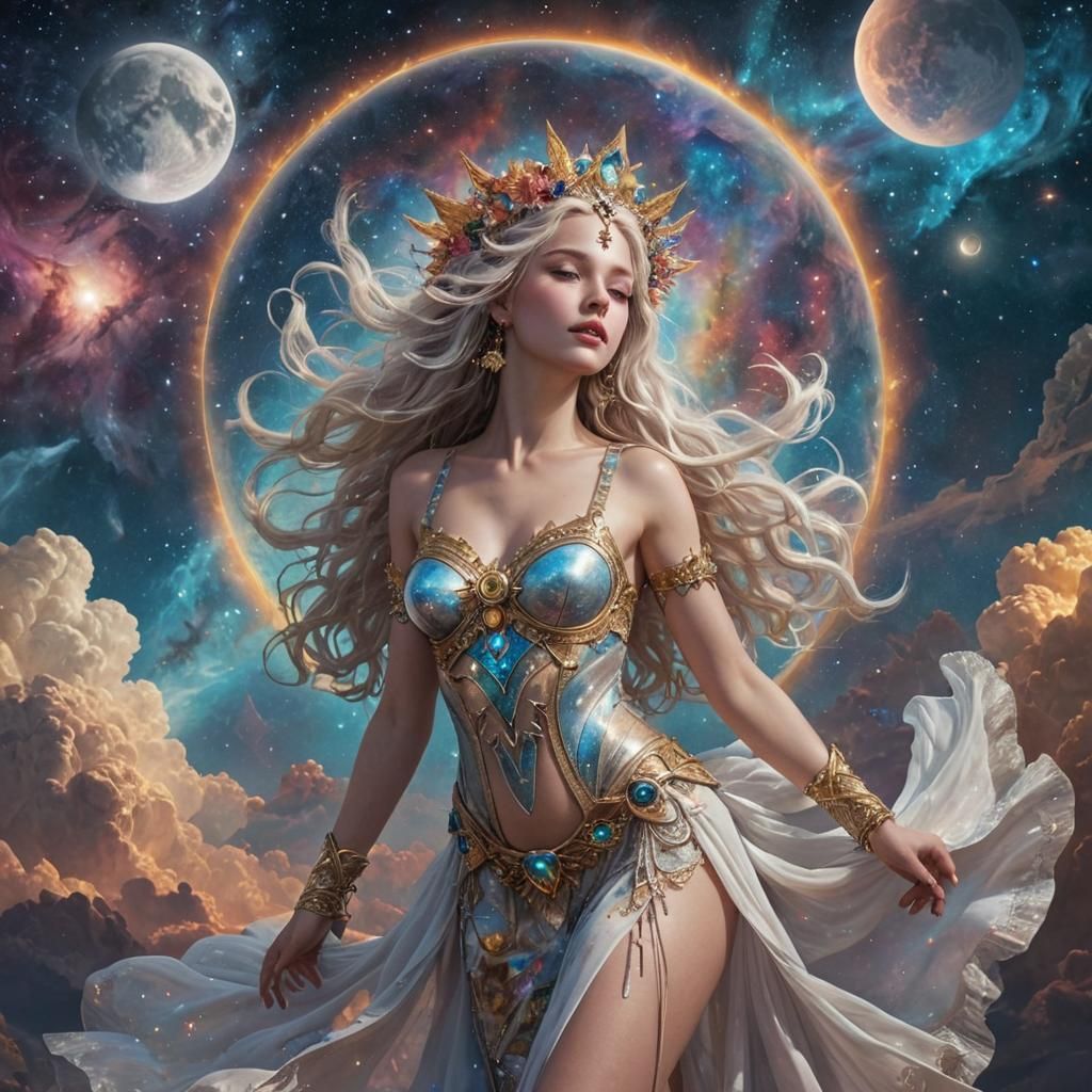 Cosmic Serenade: Goddess in Moonscape Supernova