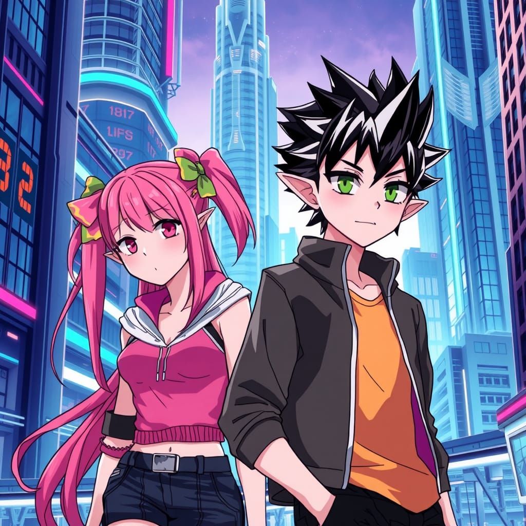 Anime Characters in a Sci-Fi Cityscape