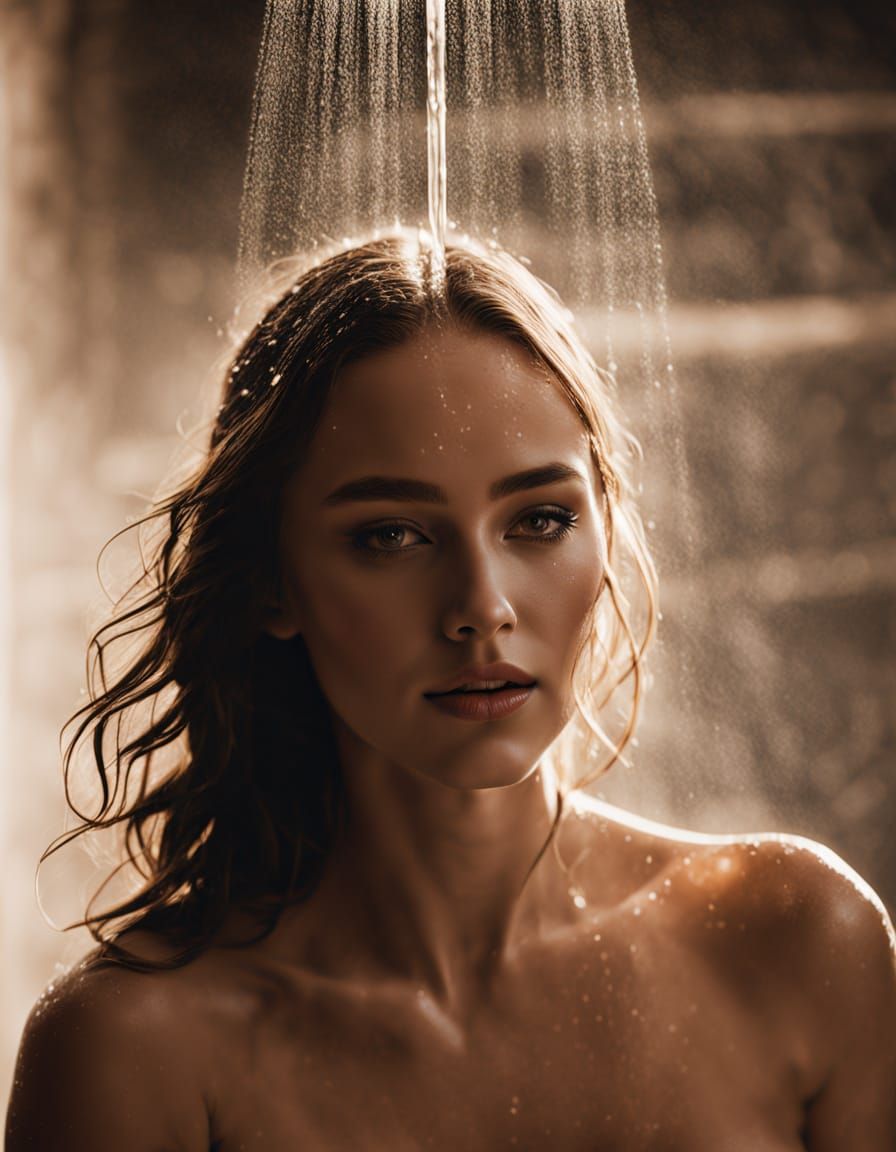 Sensual Curvy Woman Under Warm Shower Light