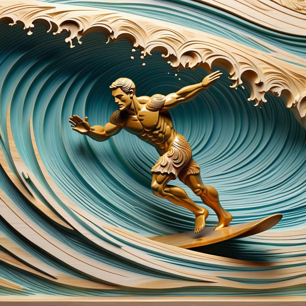 Surfer Rides Wave in Baroque Wood Carving