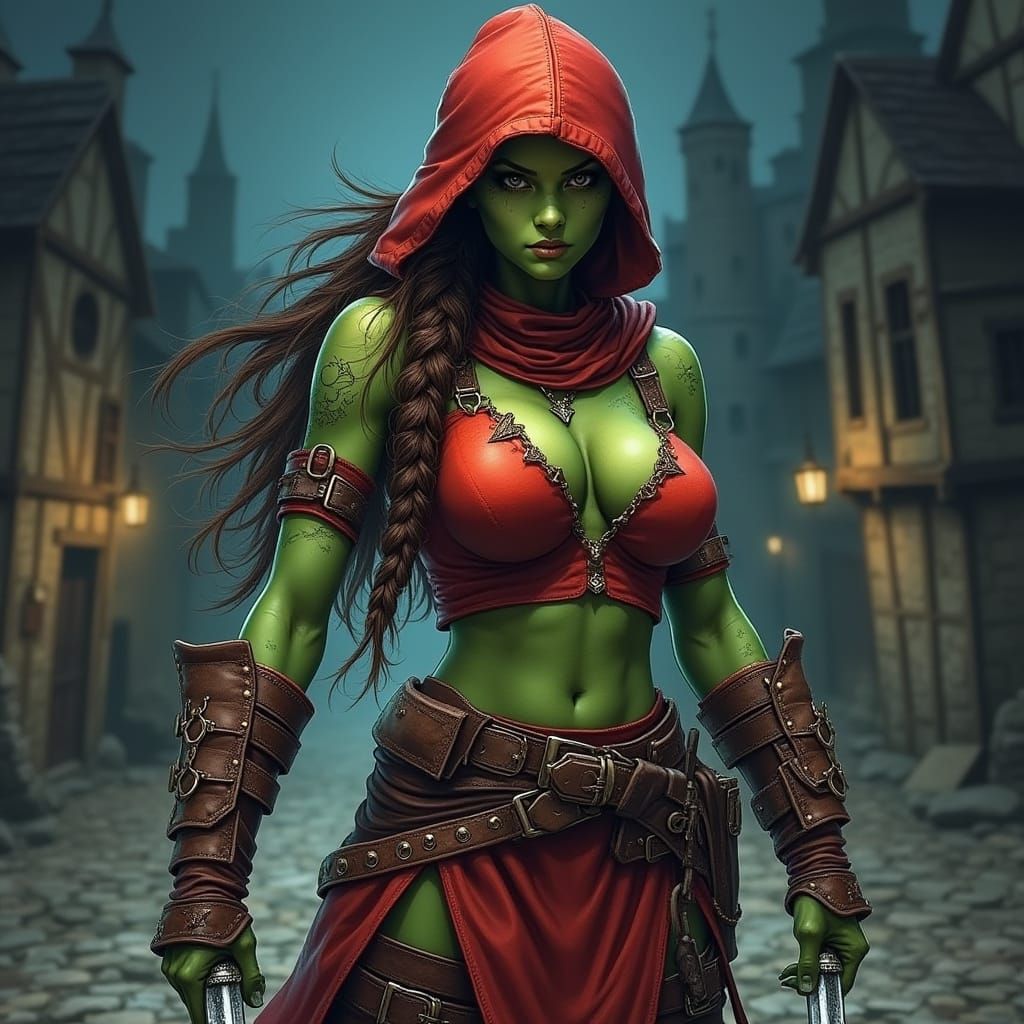 Female Orc Assassin in Red Cowl, Fantasy Art