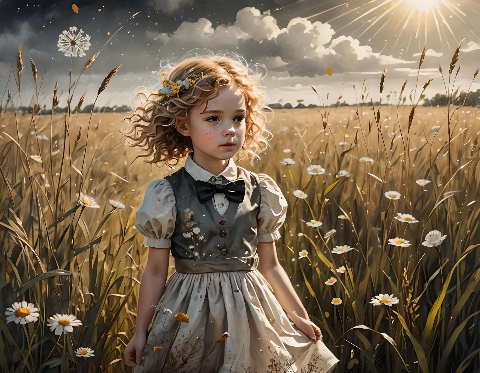 Golden Girl in Blooming Meadow: Mixed Media Art