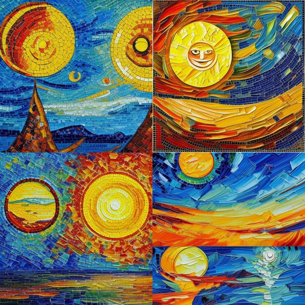 Sun and Moon Mosaic in Neo-Impressionist Style