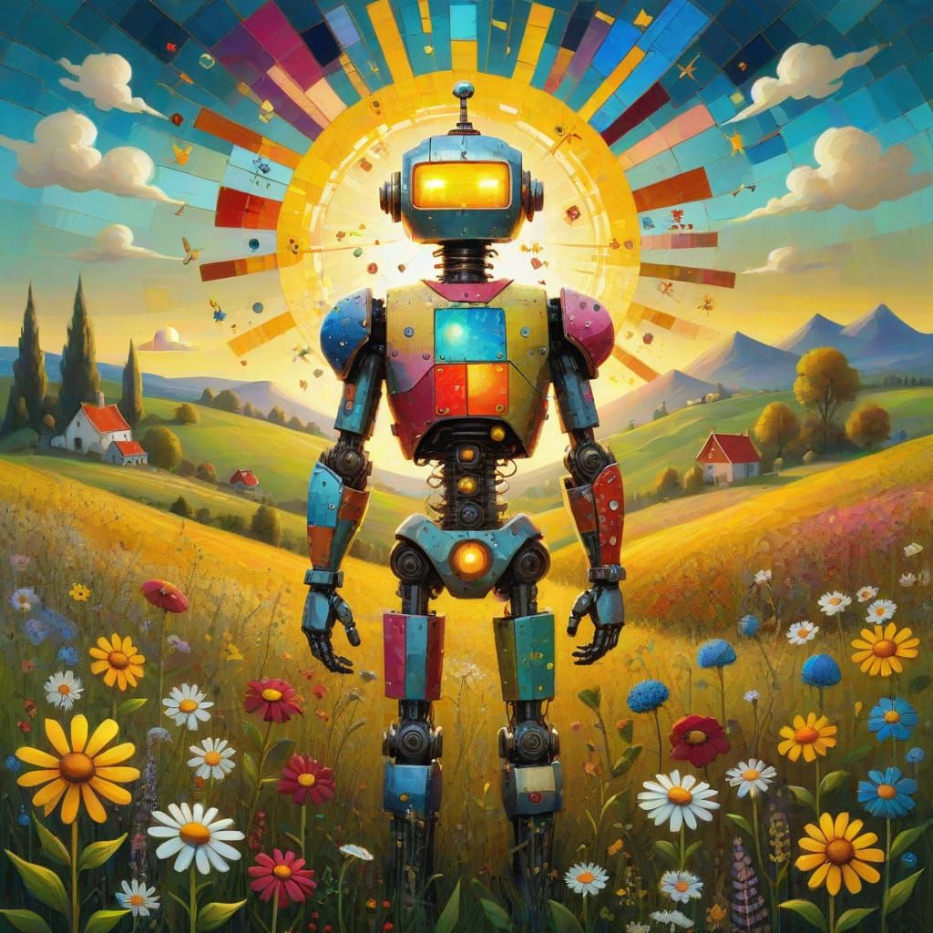 Cyborg in Field: Naive Folk Art Style
